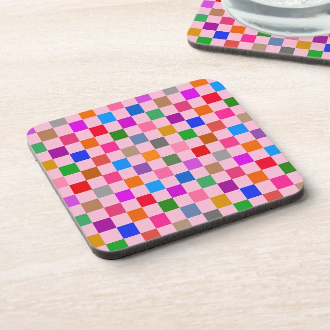 Pink Colorful Checkered Pattern  Beverage Coaster (Left Side)