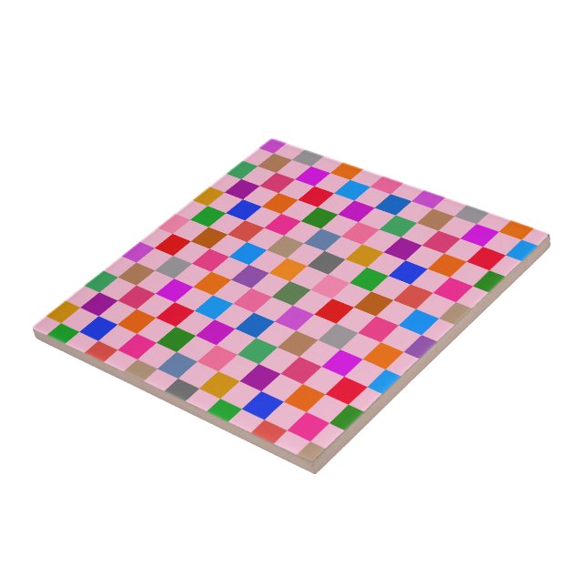 Pink Colorful Checkered Pattern  Ceramic Tile (Side)
