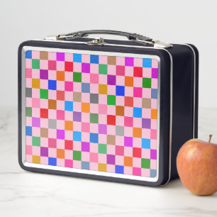 Pink Colorful Checkered Pattern Metal Lunch Box