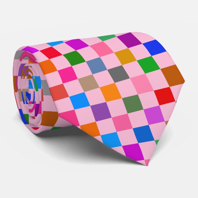 Pink Colorful Checkered Pattern  Neck Tie (Rolled)