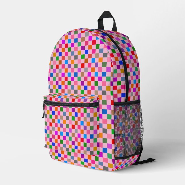 Pink Colorful Checkered Pattern  Printed Backpack (Back Corner Right)