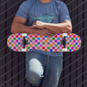 Pink Colorful Checkered Pattern Skateboard