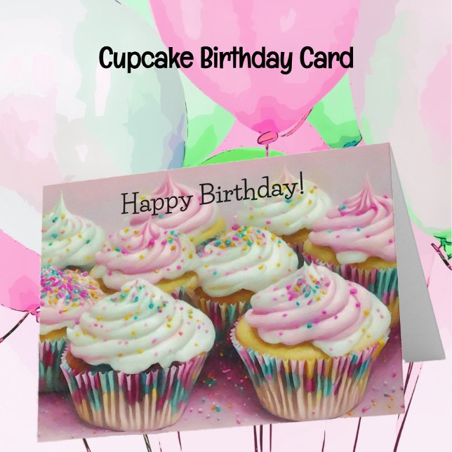 Pink Colorful Cupcakes Fun Art Birthday Card (Cupcake Art Fun Birthday Card)