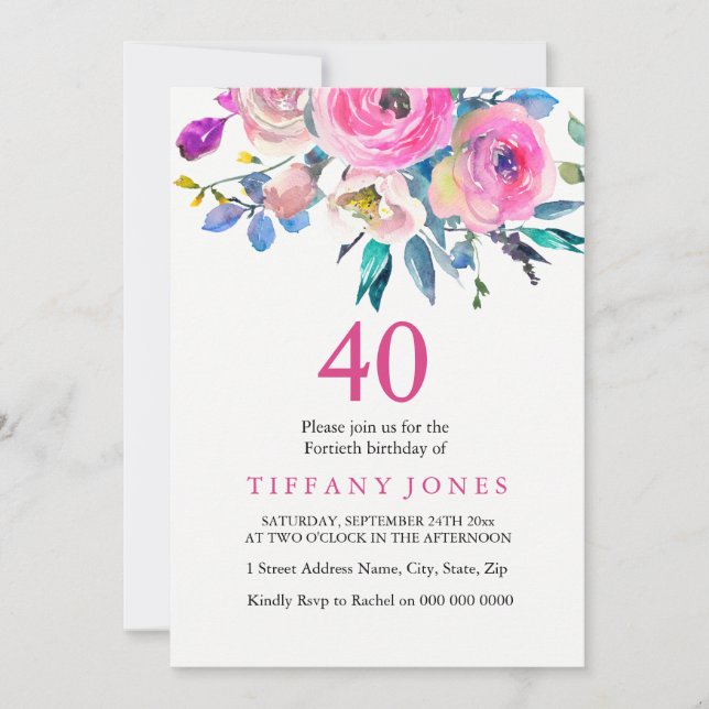 Pink Colorful Floral 40th Birthday Party Invite (Front)