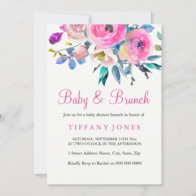 Pink Colorful Floral Baby & Brunch Invite (Front)