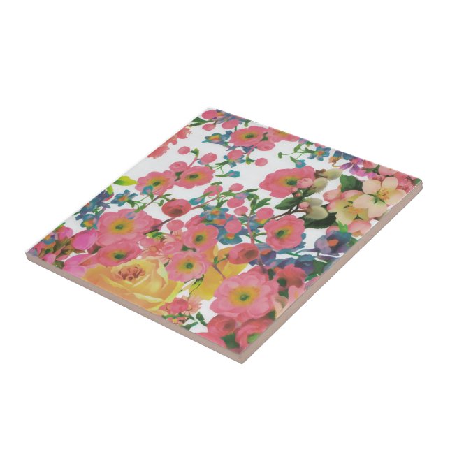 Pink colorful Floral botanical Flowers  Ceramic Tile (Side)