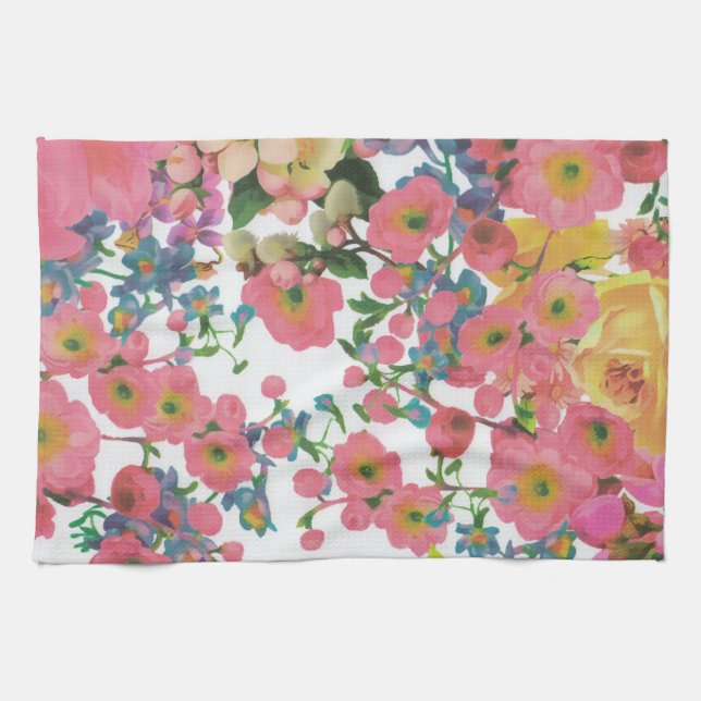 Pink colorful Floral botanical Flowers  Kitchen Towel (Horizontal)