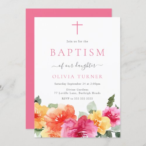 Pink Colorful Floral Watercolor Baby Girls Baptism Invitation