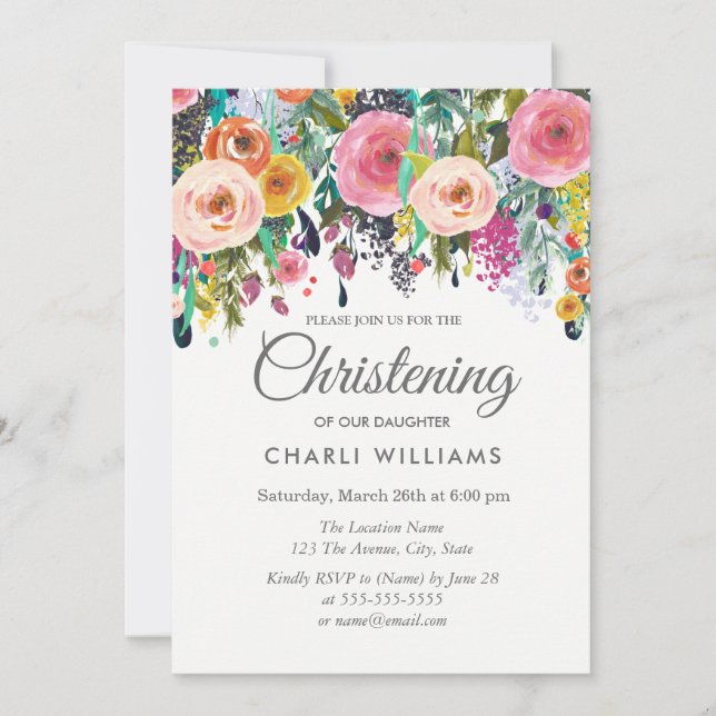 Pink Colorful Flowers Christening baptism invite (Front)