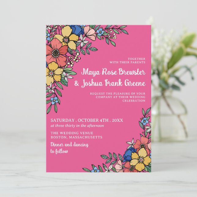 Pink Colorful Flowers Spring Summer Wedding Invitation (Standing Front)