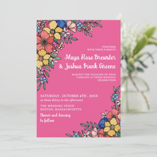 Pink Colorful Flowers Spring Summer Wedding Invitation