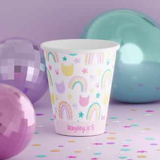 Pink Colorful Kitty Cat & Rainbow Pattern Birthday Paper Cups