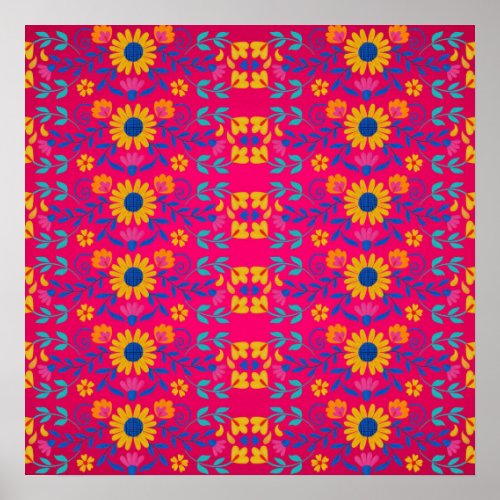 Pink colorful Mexican Folk Art floral Pattern Poster