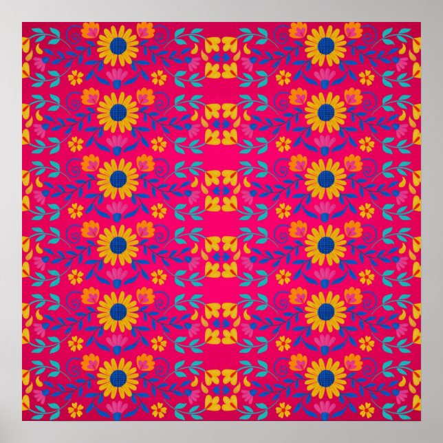 Pink colorful Mexican Folk Art floral Pattern Poster (Front)