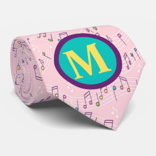 Pink colorful music note pattern musician monogram neck tie
