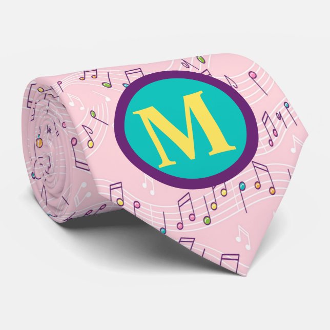 Pink colorful music note pattern musician monogram neck tie (Rolled)