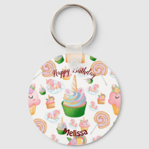 Pink Colorful Name Birthday Cupcake Unicorn Keychain