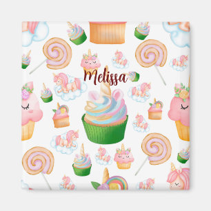 Pink Colorful Name Personalized Cupcake Unicorn Magnet