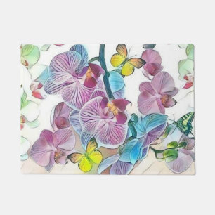 Pink colorful orchid flower butterflies watercolor doormat