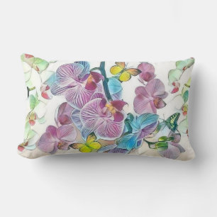 Pink colorful orchid flower butterflies watercolor lumbar pillow