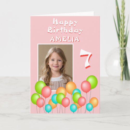 Pink Colorful Party Balloons Kid Birthday Photo Card