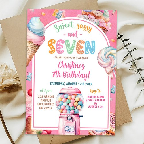 Pink Colorful Pastel Candies Kids 7th Birthday Invitation