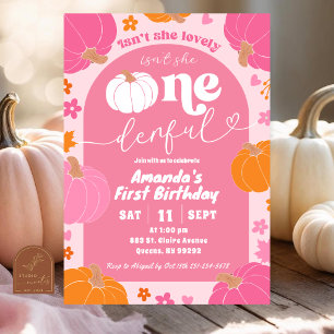 Pink Colorful Pumpkin Isn't she ONEderful birthday Invitation