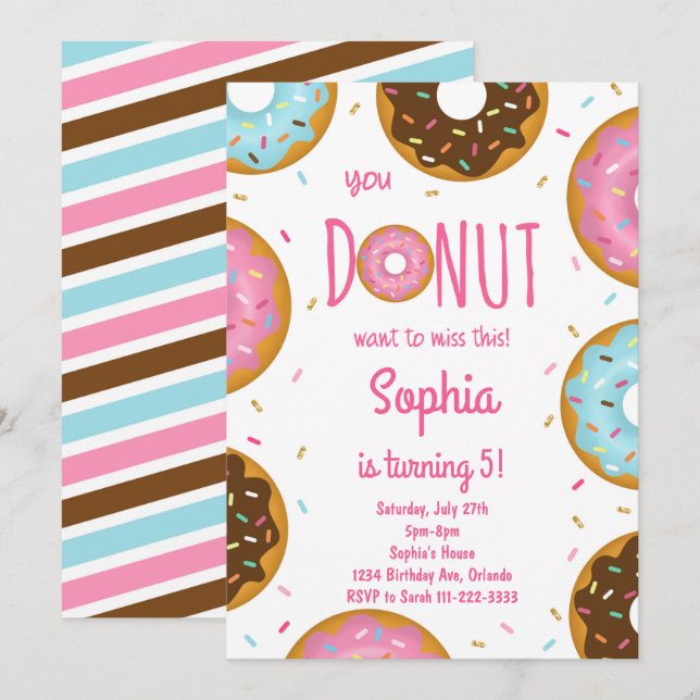 Pink Colorful Sprinkle Donuts Birthday Invite (Front/Back)