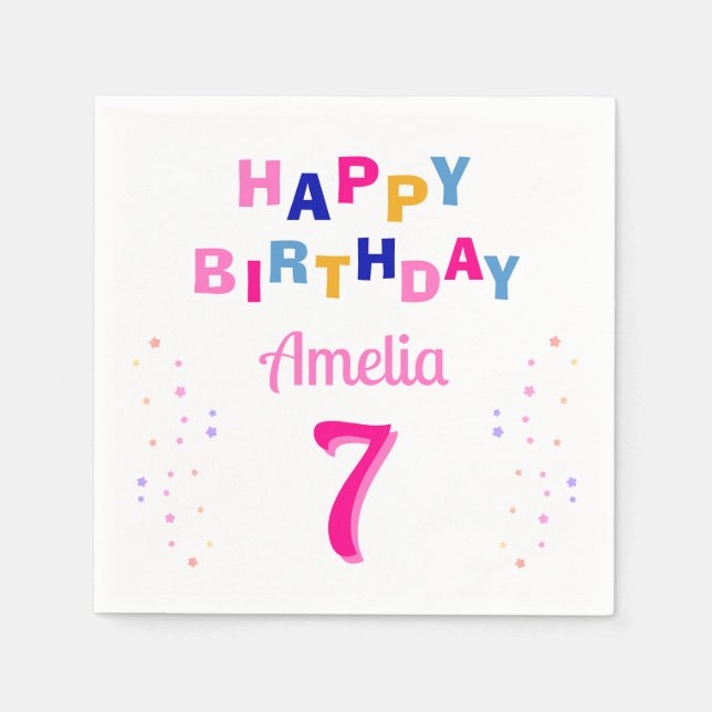  Pink Colorful Stars Girl Happy Birthday Party  Napkins (Front)