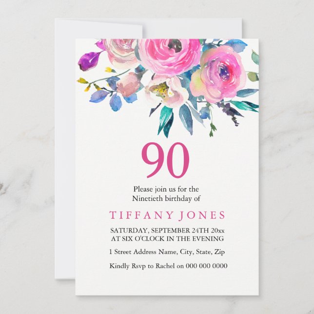 Pink Colorful Tropical Floral 90th Birthday Invite (Front)