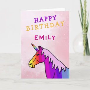 Pink Colorful Unicorn Girl Happy Birthday Card