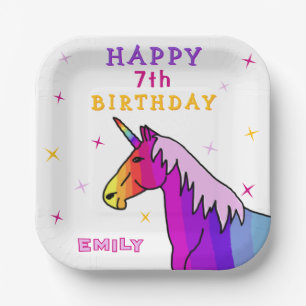 Pink Colorful Unicorn Girl Happy Birthday Party Paper Plates