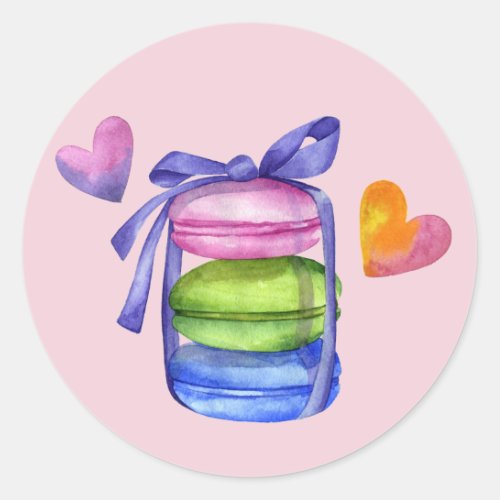 Pink Colorful Watercolor Macaron Pastry French Classic Round Sticker