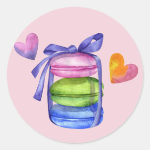 Pink Colorful Watercolor Macaron Pastry French Classic Round Sticker