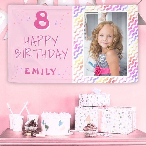 Pink Colorful Wave Girly Happy Photo Birthday Banner