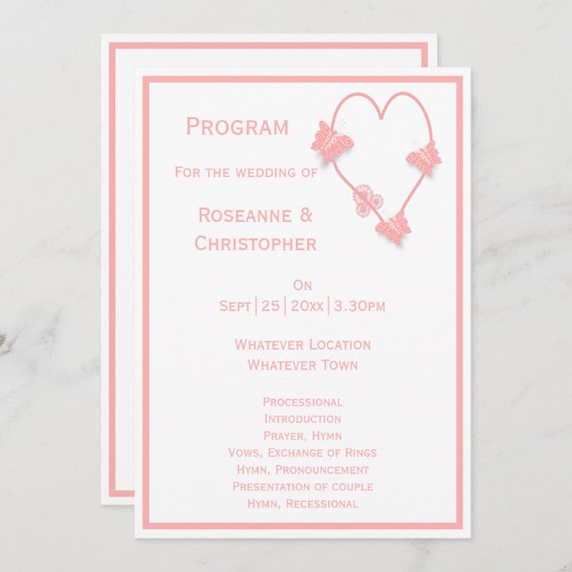 Pink Coloured Butterflies Heart Design Wedding Program (Front/Back)