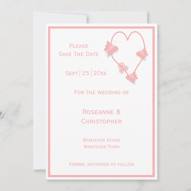 Pink Coloured Butterflies Heart Design Wedding Save The Date (Front)