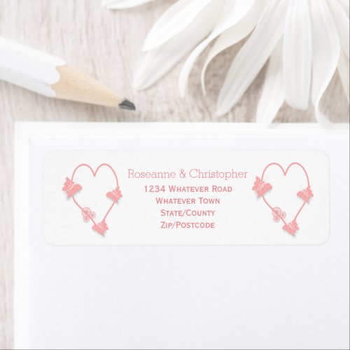 Pink Coloured Butterfly Heart Design Wedding Label