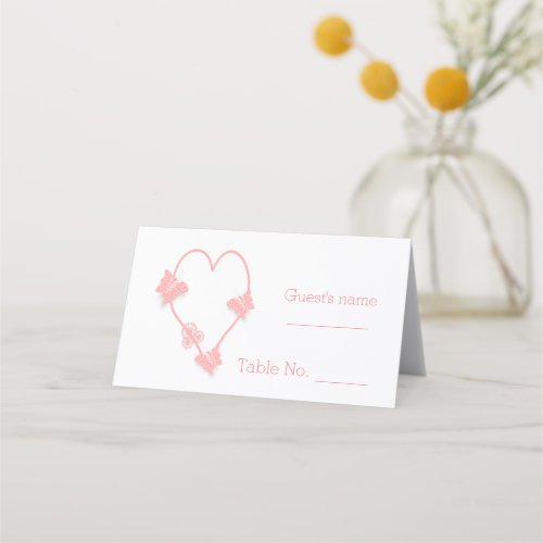 Pink Coloured Butterfly Heart Design Wedding Place Card
