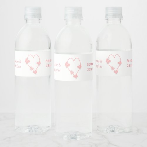 Pink Coloured Butterfly Heart Design Wedding Water Bottle Label