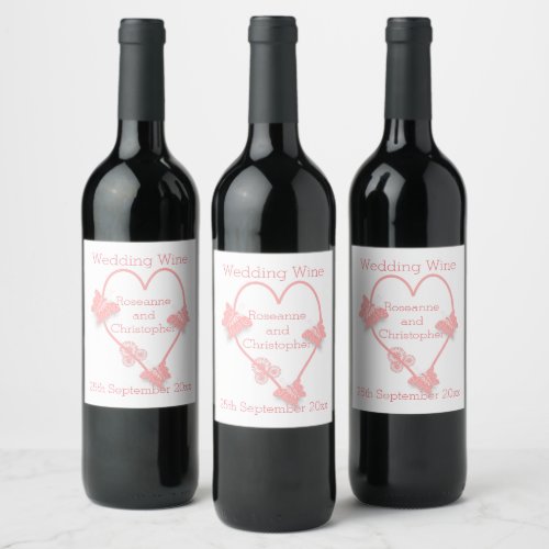 Pink Coloured Butterfly Heart Design Wedding Wine Label