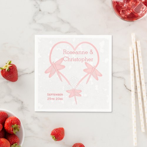 Pink Coloured Dragonfly Heart Design Wedding Napkins