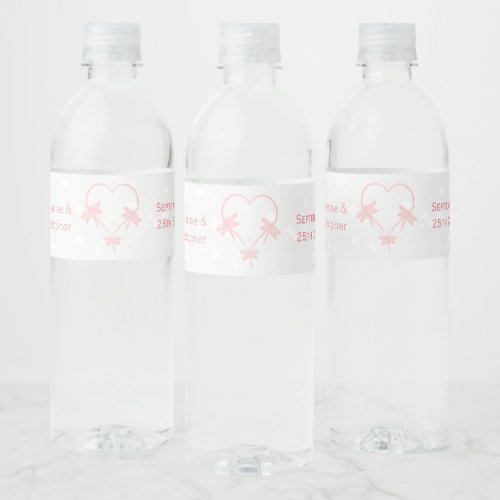 Pink Coloured Dragonfly Heart Design Wedding Water Bottle Label