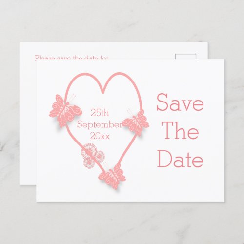 Pink Coloured Heart Butterflies Save The Date Postcard