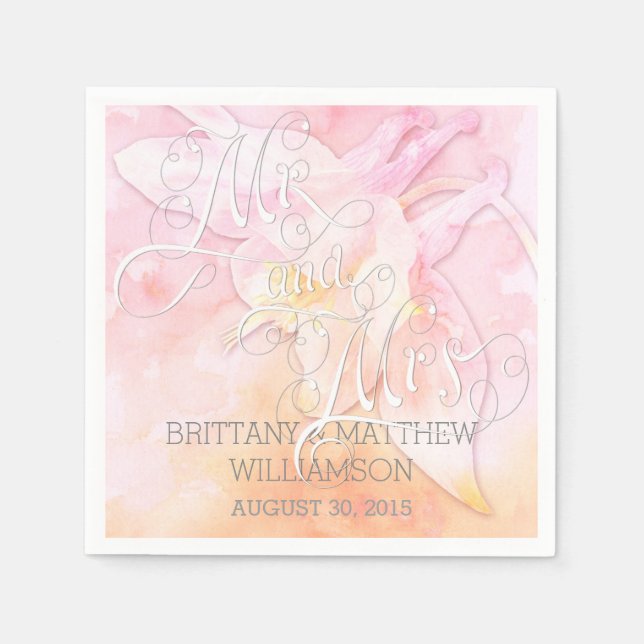 PINK COLUMBINE FLOWER WATERCOLOR SPLASH PAPER NAPKINS (Front)