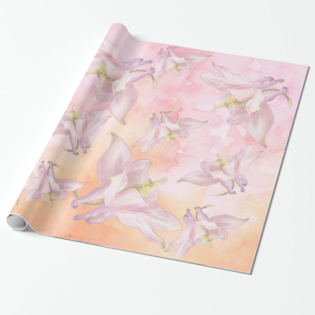 PINK COLUMBINE FLOWER WATERCOLOR SPLASH WRAPPING PAPER (Unrolled)