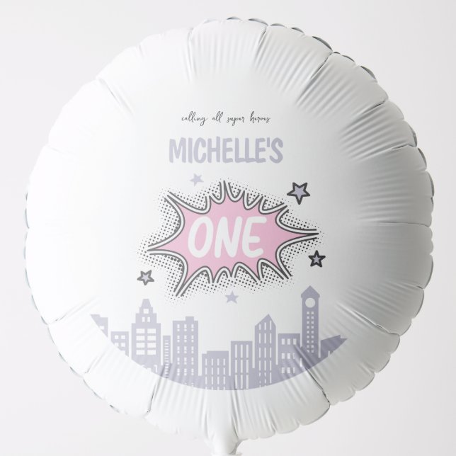 Pink Comic Book Superhero 1st Birthday Invitation  Balloon (Front)