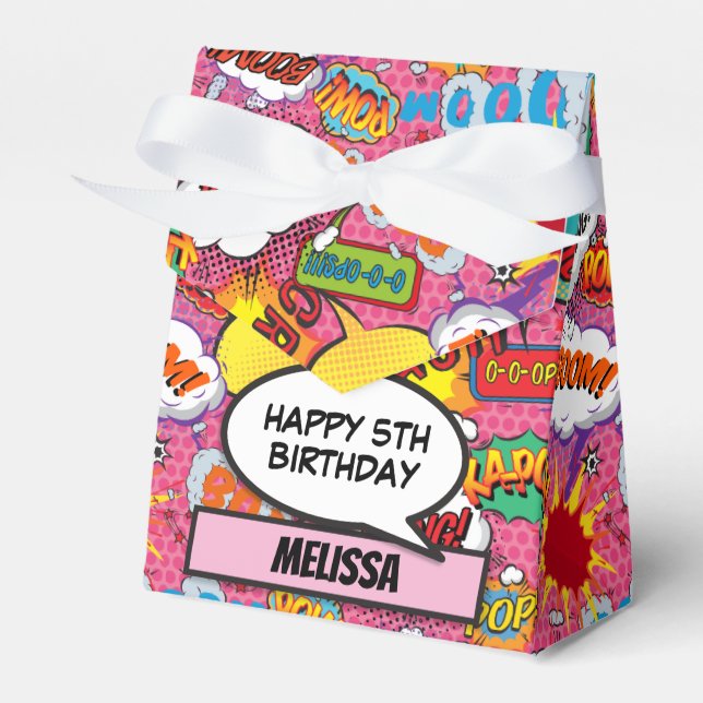 Pink Comic Book Superhero Birthday Party Favor Boxes (Front Side)