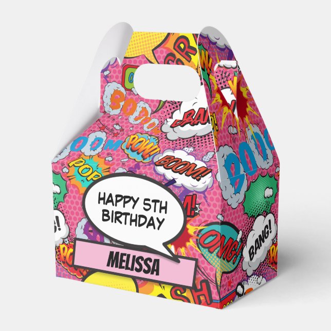Pink Comic Book Superhero Birthday Party Favor Boxes (Front Side)