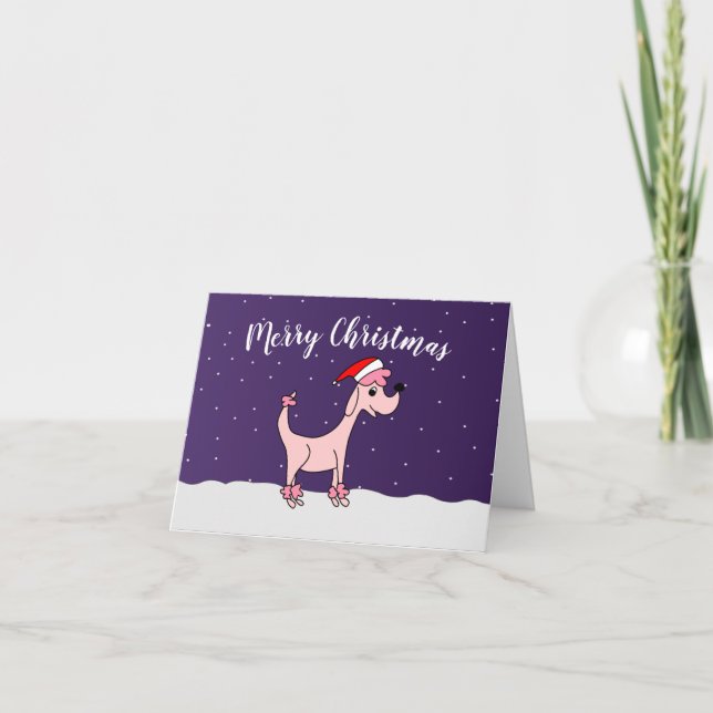Pink comic poodle Posh Paws in snow Christmas Holiday Card (Front)